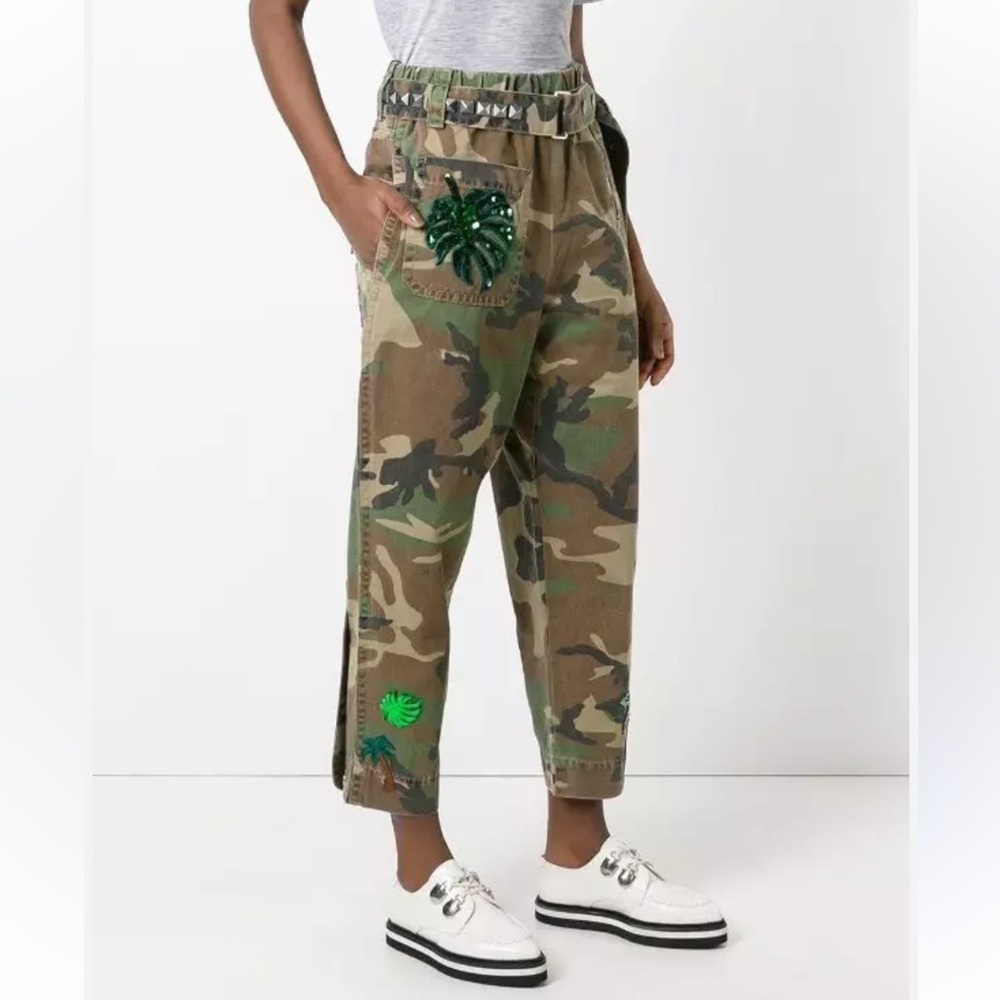Marc Jacobs Embellished Camouflage Print Cotton Tapered Pants